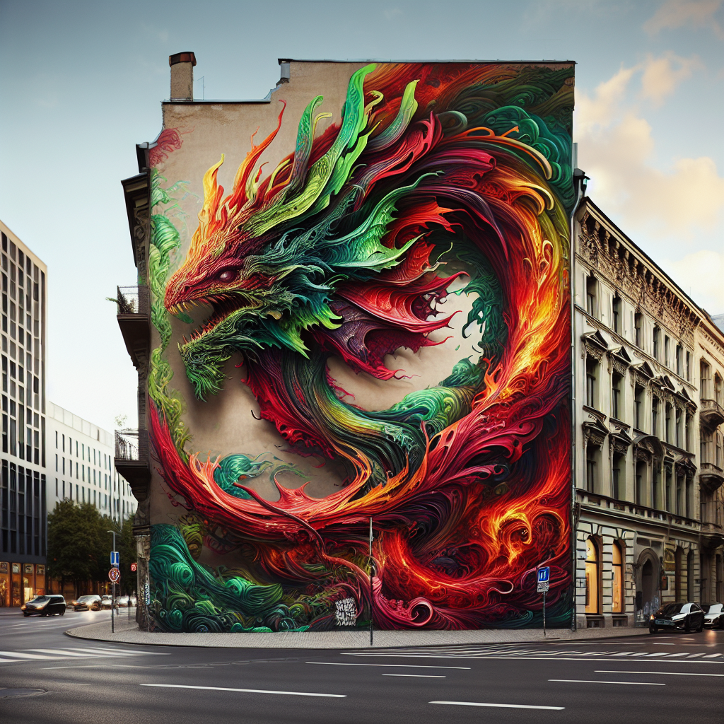 Create an image of a surreal street art painting featuring a fantastical creature made entirely of vibrant, swirling colors, blending seamlessly into the urban landscape as if part of a living, breathing mural.