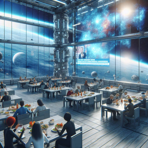 Create an image of a futuristic floating restaurant in space where customers can enjoy meals while observing a breaking news report on a scientific discovery that has profound implications for the business world.