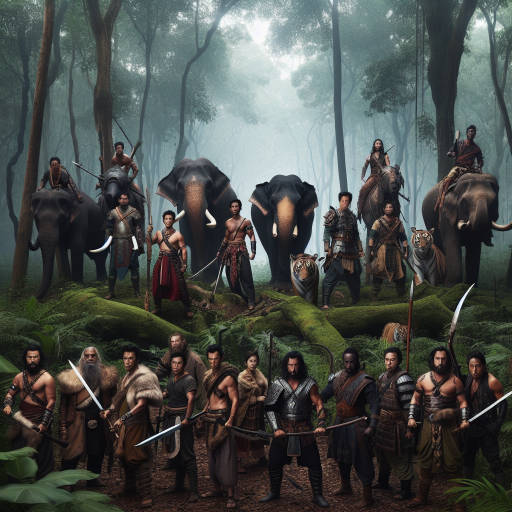 Imagine a scene where historical reenactors dressed as ancient warriors are bravely defending a group of endangered wildlife from poachers, showcasing the heroic connection between humans and nature throughout history. Create an image that captures the intensity and courage of this unique combination of historical reenactments and wildlife conservation.