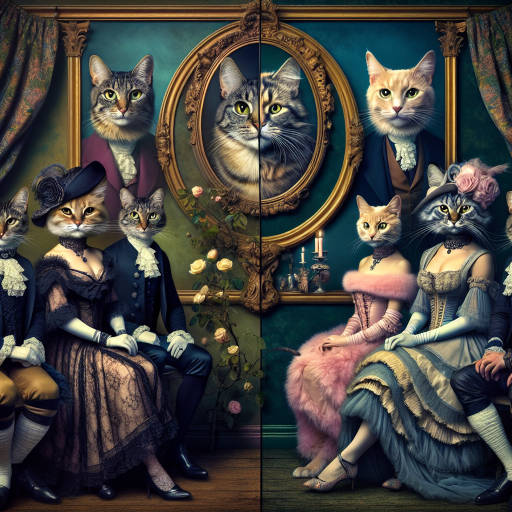 Create an image of a whimsical world where cats are dressed in elaborate costumes and posing for a portrait with people who have cat-like features, blurring the lines between feline and human characteristics.