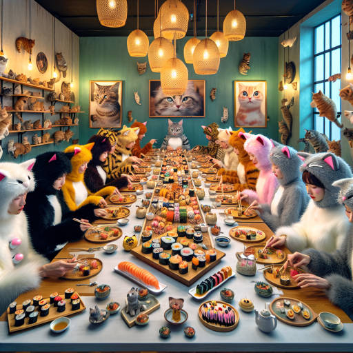 People dressed in cat costumes enjoying a feast of sushi and cat-shaped desserts in a whimsical cat cafe.