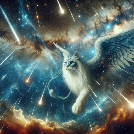 A majestic sky filled with swirling galaxies and shooting stars, where giant epic cats with wings soar through the endless expanse, leaving trails of shimmering stardust in their wake.