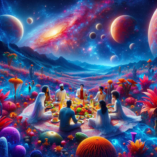 Create an image of a cosmic picnic on a distant alien planet, where colorful nebulas illuminate a lush, exotic landscape filled with alien fruits and plants, with a group of intergalactic travelers enjoying a meal under the stars.