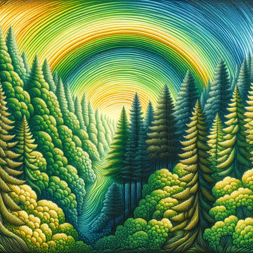 Create an optical illusion painting of a lush, green forest where the trees appear to sway and dance with the wind, blending seamlessly into a vibrant rainbow that arcs overhead, creating a mesmerizing and enchanting scene of nature's beauty.