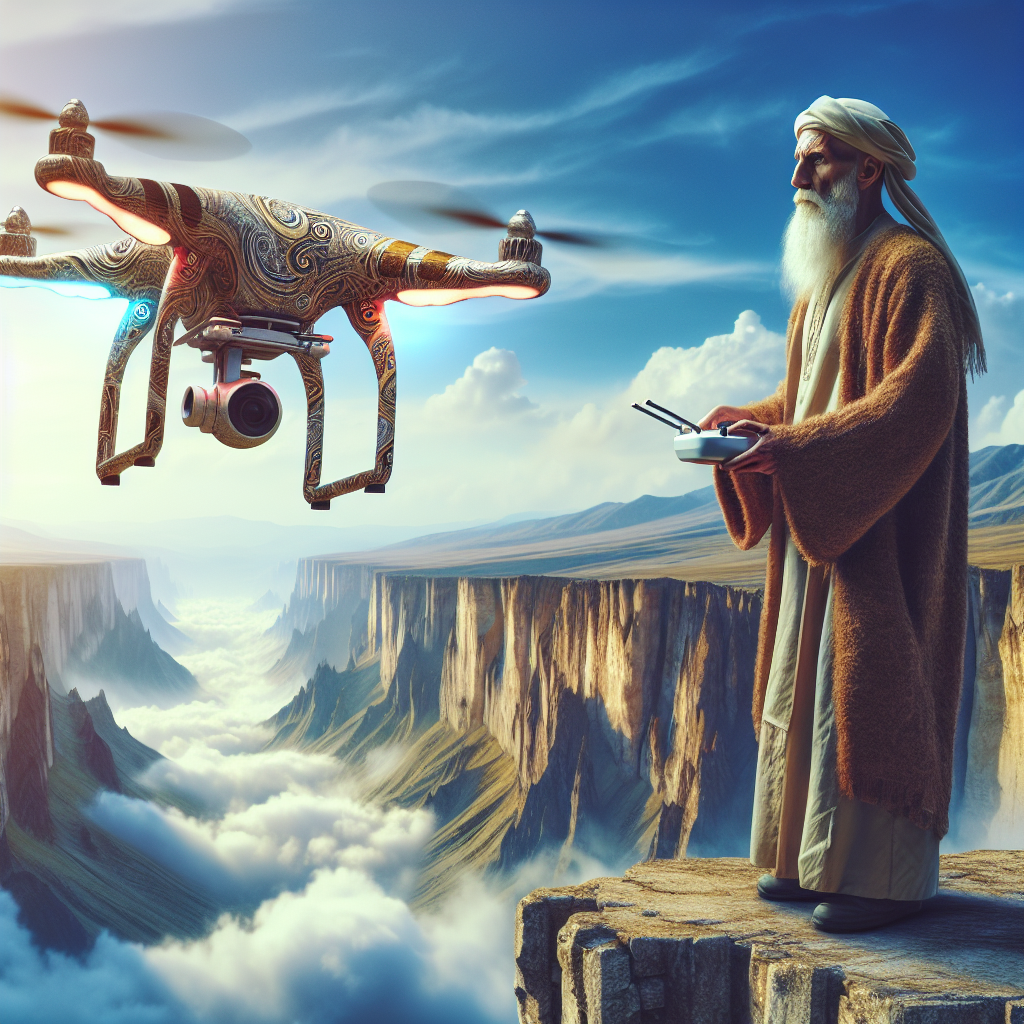 Imagine a wizard standing on a cliff, with a majestic drone flying above him capturing the ancient and mystical landscape below. The wizard's old and weathered face contrasts with the advanced technology of the drone, creating a surreal and captivating image.