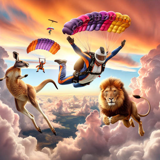 Imagine a skydiving competition where animals are the main competitors, soaring through the clouds with colorful parachutes as they race towards the finish line. Create an image that depicts this wild and exhilarating event, capturing the thrill of both sports and nature coming together in a unique and captivating way.