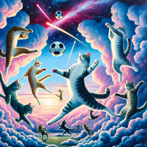 Create an image of a group of athletic cats gracefully leaping and somersaulting through a vibrant sky filled with swirling clouds, as they play a game of celestial soccer using shooting stars as the ball.