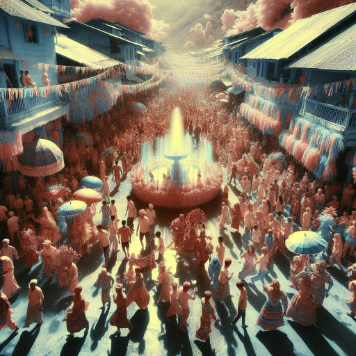 Create an image showcasing the vibrant colors and energy of a traditional cultural festival, captured through the unique lens of infrared photography, giving a nostalgic and mysterious vibe to the scene.