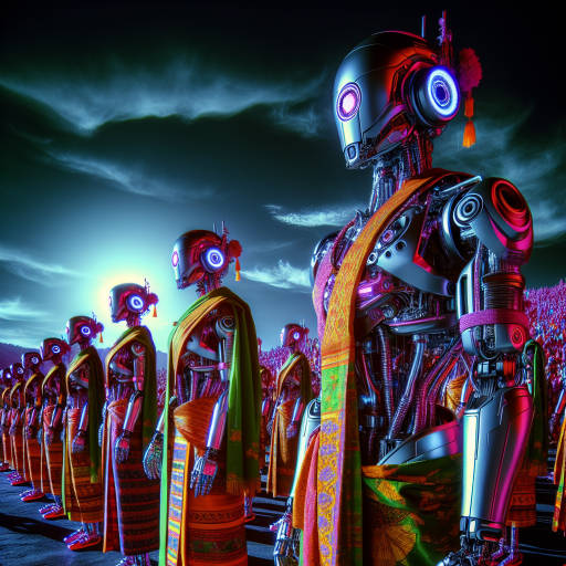 Imagine a cultural festival unlike any other, where robots adorned in colorful traditional attire roam the streets, their metallic bodies glowing in the infrared light of the setting sun. Capture this surreal scene in a stunning infrared photograph, showcasing the fusion of ancient traditions and futuristic technology.