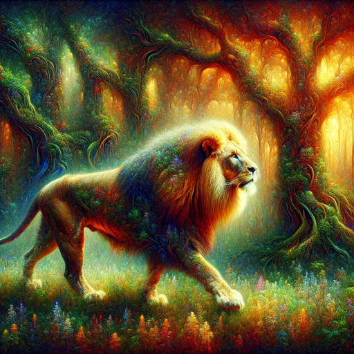 Imagine a vibrant painting of an old, majestic lion roaming through a lush, overgrown forest, its weathered fur illuminated by the soft glow of the setting sun. The scene captures the beauty and power of wildlife in its natural habitat, while also evoking a sense of nostalgia and history through the aged and regal presence of the lion.