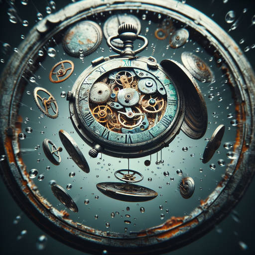 An ancient, weathered pocket watch suspended in mid-air, captured in extreme close-up to reveal intricate details of rusted gears and delicate etchings, transformed into a mesmerizing piece of abstract art through the lens of macro photography.