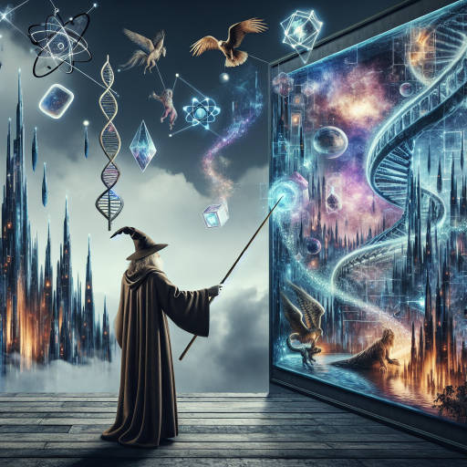 Imagine a wizard using futuristic technology to create a surreal masterpiece of art that defies all laws of science. What strange and magical world does this wizard inhabit, and what incredible creations have they brought to life with their fusion of ancient sorcery and cutting-edge innovation? Create an image that captures the otherworldly beauty and wonder of this unique collaboration of surreal art, science, and wizardry.