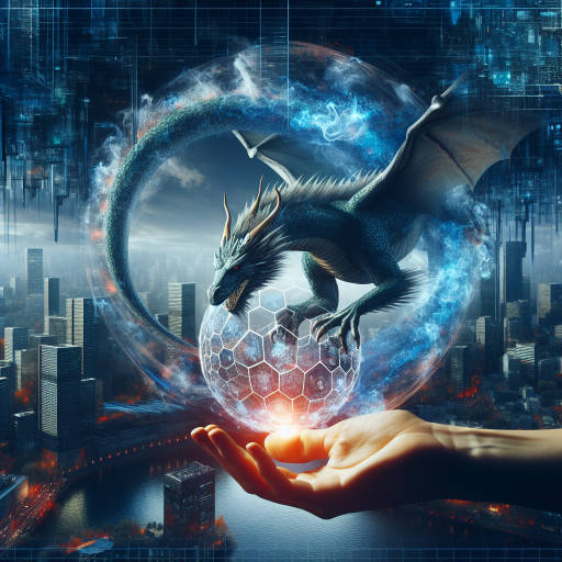 Imagine a world where ancient mythological creatures are harnessed as technology to revolutionize the business landscape. Create an image of a majestic dragon soaring through a futuristic city, carrying a load of digital data in its talons - a symbol of the powerful synergy between fantasy, technology, and business in this imaginative realm.