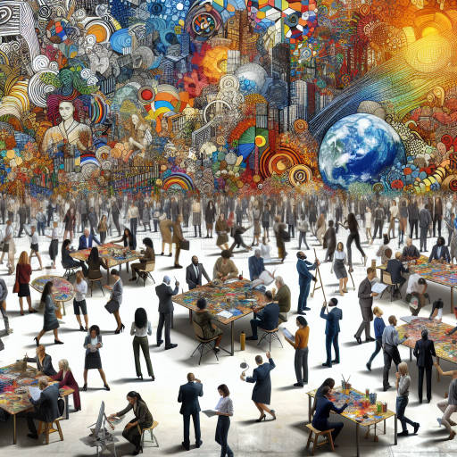 Create an image of a group of artists and business executives collaborating on a large-scale mural that depicts the diverse and interconnected world of commerce and creativity, showcasing a blend of vibrant colors, intricate designs, and innovative concepts.