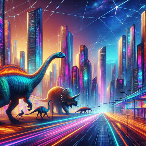 Imagine a futuristic cityscape where colossal ancient creatures roam the streets, blending seamlessly with towering skyscrapers and neon lights. Capture this epic scene in a vibrant painting that portrays the dynamic contrast between the ancient and modern worlds. Let your imagination run wild as you create a breathtaking visual that transports the viewer to a world unlike any other.