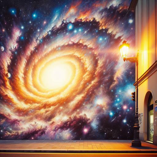 Create an image of a vibrant, cosmic mural painted on a city street wall, depicting a swirling galaxy filled with swirling stars and planets, all illuminated by the glow of a nearby street lamp.