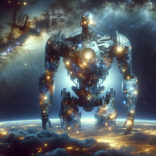 Create an image of a towering robot exploring the vast expanse of outer space, its metallic body adorned with glowing constellations and nebulae, serving as a protector and guardian of the cosmos.