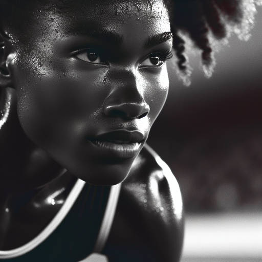 Imagine a portrait of a young athlete mid-competition, their determined expression and sweat glistening as they push themselves to their physical limits. Capture the intensity and strength of their spirit in a single image.