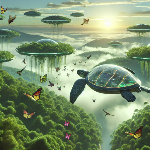 Imagine a futuristic world where giant turtles with wings are the primary mode of transportation through lush, floating forests. The turtles glide effortlessly through the canopy, their shells shimmering in the sunlight as colorful birds and butterflies flutter alongside them. The harmony of nature and transport is a breathtaking sight to behold.