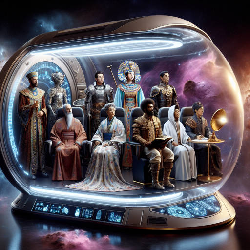 Create an imaginative portrait of a group of people traveling through space in a futuristic transport vehicle, with each person representing a different time period in history.