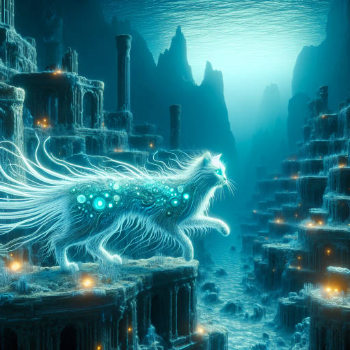 Imagine a majestic underwater world where ancient cats roam freely among sunken ruins, their fur glistening with bioluminescent hues as they explore the mysterious depths of the ocean.