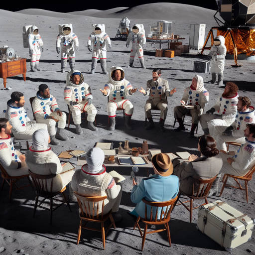 Imagine a group of historically accurate reenactors dressed as astronauts conducting a business meeting on the surface of the moon. What scientific breakthroughs are they discussing that will shape the future of space exploration and commerce? Create an image that captures the unique blend of history, science, and business in this otherworldly setting.