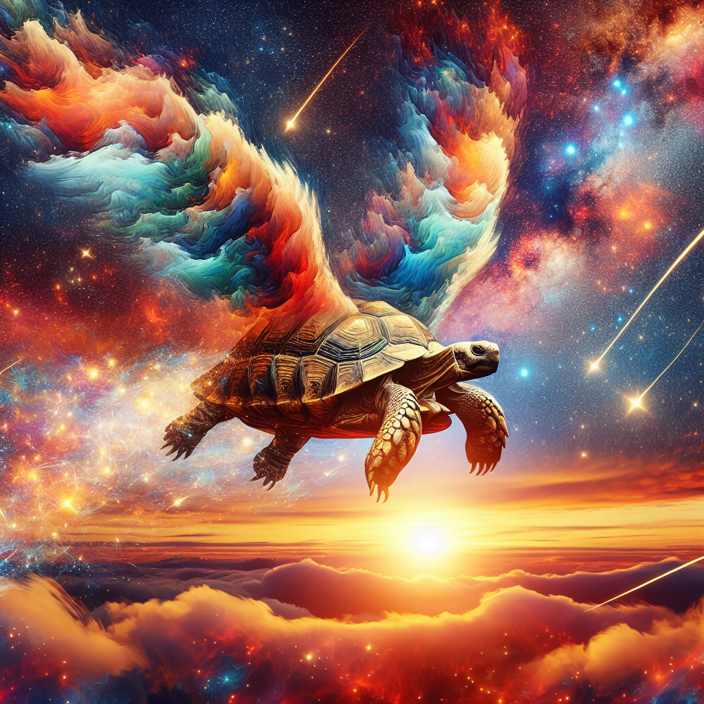 Imagine a majestic old tortoise with wings made of clouds, soaring through a vibrant sunset sky filled with swirling galaxies and shooting stars.