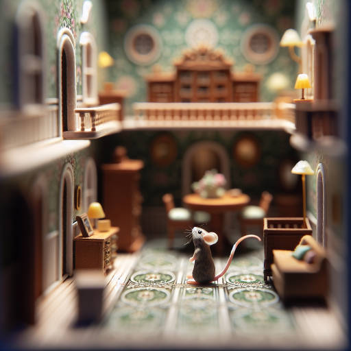 Create an image of a tiny mouse exploring a whimsical miniature dollhouse, capturing the intricate details of the interior design through macro photography.