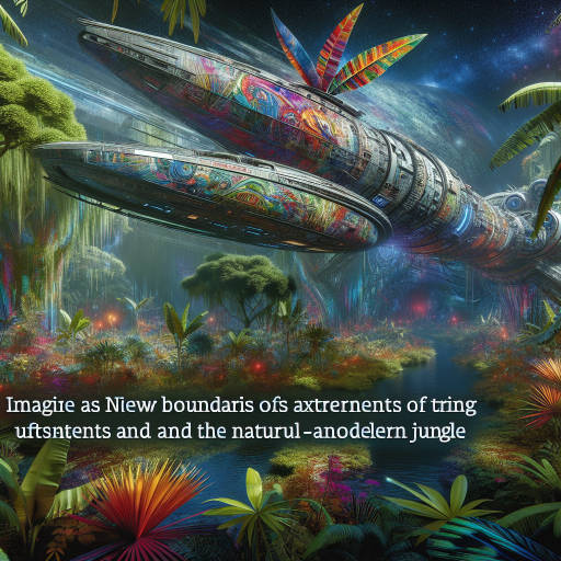 Imagine a futuristic spacecraft floating through a vibrant and otherworldly jungle filled with alien creatures. The spacecraft is covered in intricate and colorful murals created by the indigenous wildlife, blending the boundaries between art and nature in this fantastical space exploration adventure.