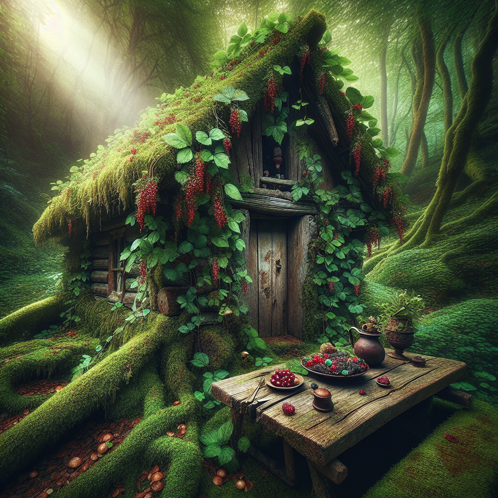 Create an image of a dilapidated old cabin nestled deep in a lush forest, with wild berries growing on the vines outside and a beam of sunlight shining through the moss-covered roof onto a rustic wooden table set with a feast of foraged mushrooms and berries.