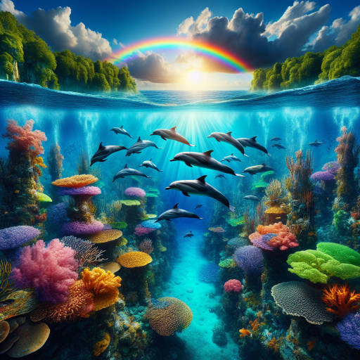 Imagine a majestic underwater forest, where vibrant coral reefs stretch towards the surface, creating a magical canopy of colors. Within this enchanting realm, a pod of dolphins gracefully swims through the crystal-clear waters, their sleek bodies gliding effortlessly among the swaying sea plants. Above, a stunning rainbow arcs across the sky, casting a radiant glow over the entire scene, as if nature itself is putting on a show of epic proportions. Capture this extraordinary moment where the wonders of the underwater world meet the awe-inspiring beauty of the natural world in a truly epic display of creativity and imagination.