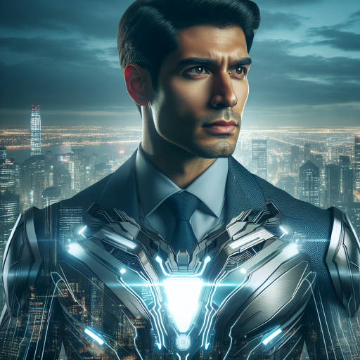 Create an image of a modern-day superhero, wearing a sleek suit of high-tech armor and standing confidently in a futuristic cityscape. His portrait shows determination and strength, with glowing technology enhancements integrated seamlessly into his appearance.