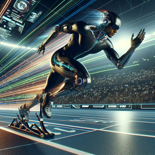 Create an image of a futuristic robotic cheetah racing against a human athlete in a high-speed sprint, with sleek technology integrated into the sports equipment and environment.