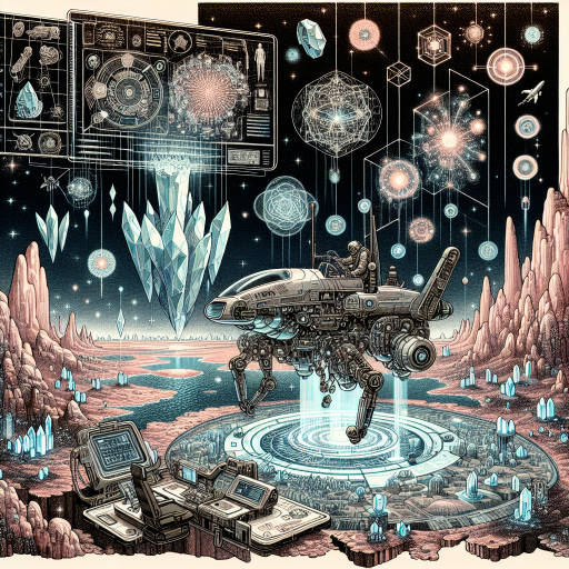 Create an image of a technologically advanced spacecraft exploring a surreal, alien world filled with floating islands and glowing, pulsating crystals. The spacecraft is equipped with robotic arms that are collecting samples of exotic plant life while a holographic map of the planet hovers above the control panel, displaying mysterious symbols and unknown constellations in the distance.