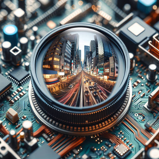 Capture a close-up image of intricate circuitry found on a busy city street, showcasing the fusion of science and technology in the urban landscape through mesmerizing macro photography.