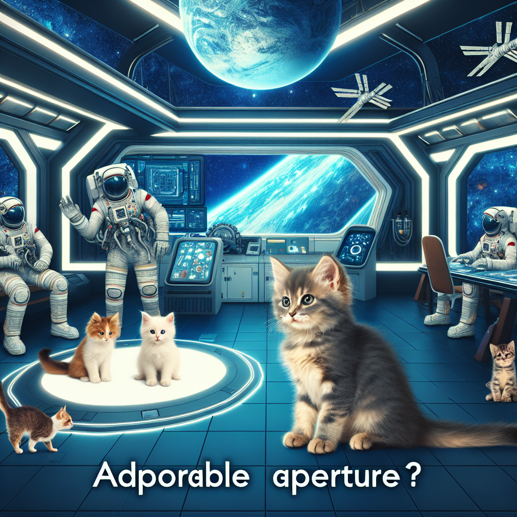 Imagine a futuristic space station filled with sleek, modern interior design elements, where adorable cats roam freely among the astronauts as they prepare to embark on a mission to explore uncharted galaxies. Capture the unique blend of technology, feline companionship, and artistic flair in your image.