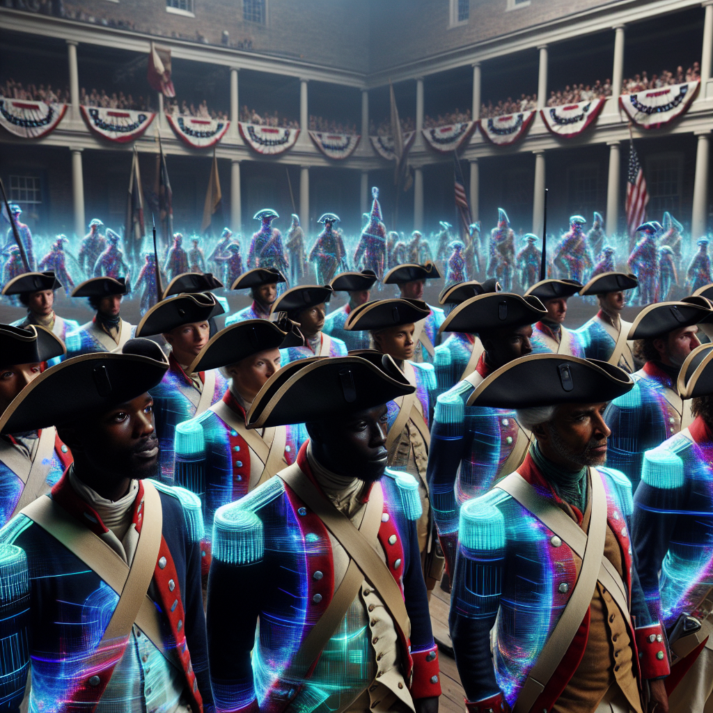 Create an image of a group of historical reenactors performing a scene from the Revolutionary War, but with an optical illusion twist - where their uniforms appear to shift and change colors as they march in perfect synchrony using cutting-edge holographic technics.