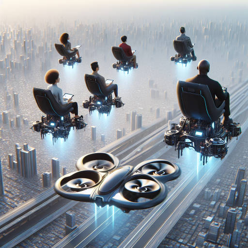 Imagine a futuristic world where drones have evolved into sentient robot beings, serving as the primary mode of transport for humans. Capture an aerial view of these drone robots flying in formation, carrying passengers to their destinations with sleek and efficient precision.