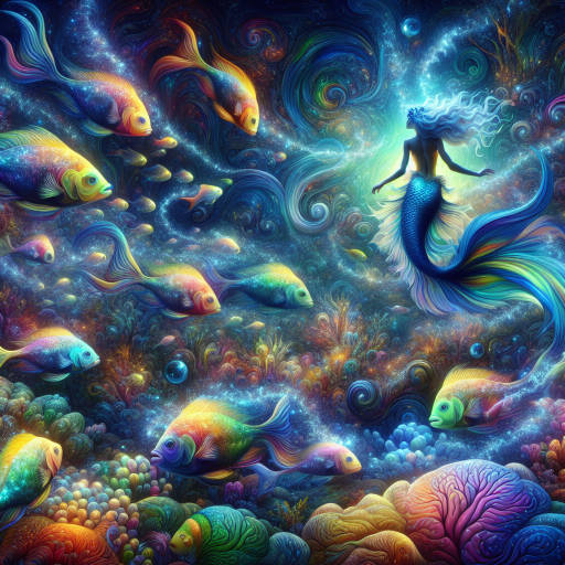 Create an image of a mermaid swimming alongside a school of vibrant, iridescent fish in an underwater world painted with swirling colors and patterns, where the ocean floor is alive with glowing coral reefs and mysterious sea creatures.