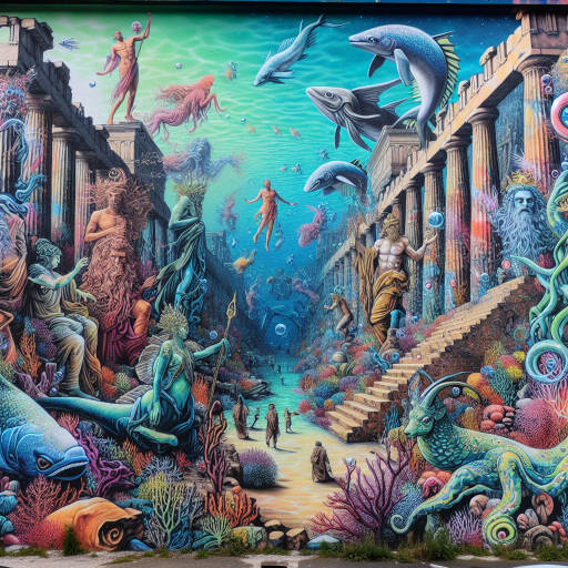 Create an image of ancient underwater ruins coming to life through historical reenactments portrayed by street art, where mythical sea creatures and ancient civilizations coexist in a colorful and vibrant underwater wonderland.