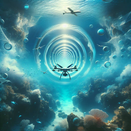 Imagine a futuristic world where drones capture breathtaking images of underwater wonders that seamlessly blend optical illusions with the beauty of the ocean depths. Create an image that plays with perception, showcasing a mesmerizing underwater scene that seems almost surreal, as if you are floating through a dream.