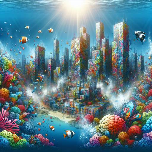 Create an image of an underwater city made entirely of abstract, colorful street art. Imagine giant coral reefs painted with vibrant graffiti, skyscrapers covered in unique murals, and sea creatures swimming through a psychedelic, urban playground. Let your imagination run wild and bring this fantastical world to life through your art.