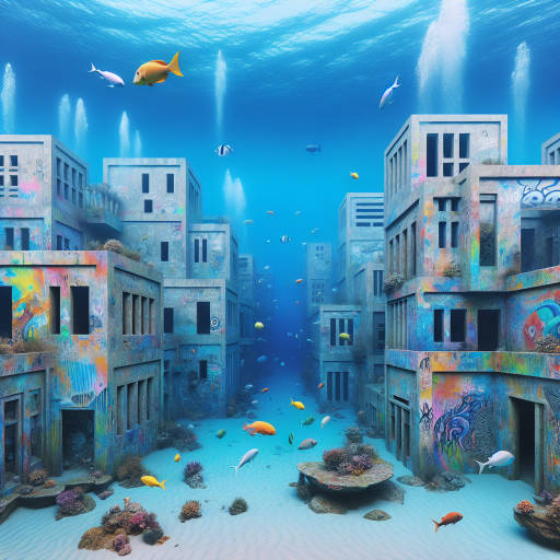 Create an image of a vibrant underwater cityscape filled with abstract street art murals on the walls of sunken buildings, where sea creatures swim playfully among the colorful designs.