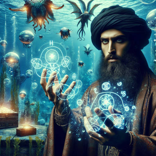 Create a mind-bending image of a wizard casting spells in an underwater world filled with surreal creatures and wonders, blending the elements of magic and the ocean depths in a fantastical and enchanting scene.