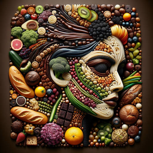 Create an abstract portrait of a person made entirely out of delicious food items, showcasing their unique personality through the combination of textures, colors, and flavors.