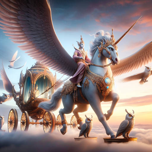 An image of a majestic wizard riding on the back of a mythical creature, a half-unicorn half-dragon, soaring through the sky on a magical flying carriage pulled by a team of giant owls.