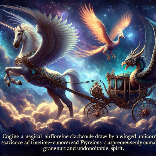 "Imagine a magical flying unicorn-drawn carriage soaring through the celestial skies, carrying a wise and ancient phoenix as its passenger, all while being guided by a cunning and majestic dragon as the chauffeur."