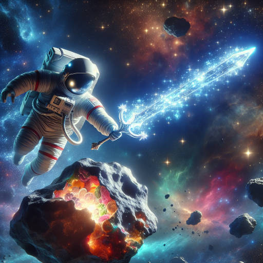 Imagine a brave astronaut floating in outer space, wielding a glowing cosmic sword made of starlight, slicing through a massive asteroid made entirely of delicious, colorful fruits and vegetables. The astronaut is on a heroic mission to discover new flavors and nutrients for the people of Earth, bringing back samples of intergalactic cuisine to share with the world. Create an image that captures this epic moment of space exploration meets culinary adventure.