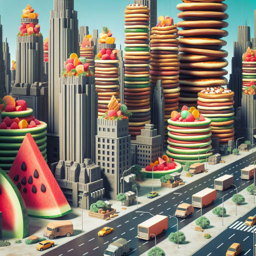 Imagine a futuristic city where all the buildings are made out of giant, colorful food items - think skyscrapers made of stacked pancakes, streets paved with giant slices of watermelon, and cars made of chocolate bars. Create an image that captures the whimsical and mouth-watering world of this one-of-a-kind city.