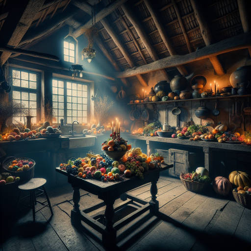 Create an image of a dimly lit kitchen in an old abandoned farmhouse, where a feast of colorful, exotic fruits and vegetables from around the world are spread out on the vintage wooden table, surrounded by flickering candlelight.